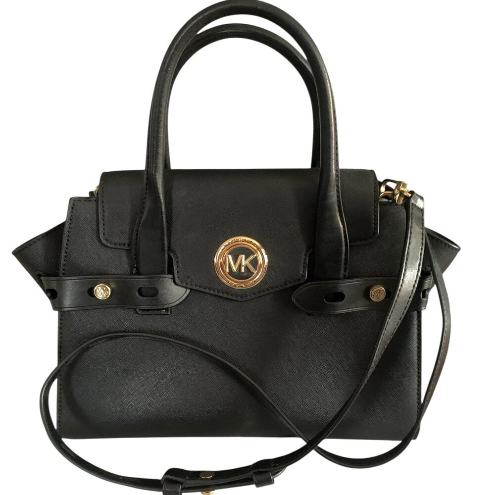 Michael Kors Carmen Black Leather Medium Flap Satchel Handbag MK Logo